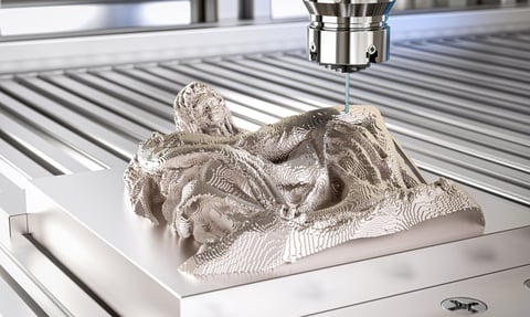 Robotic arm creating a metallic sculpture using additive manufacturing techniques