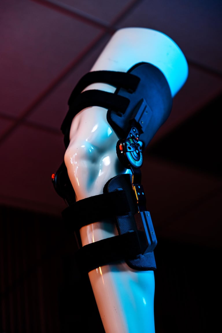 Illuminated prosthetic leg with blue and orange LED lighting, wrapped with black support straps and buckles.